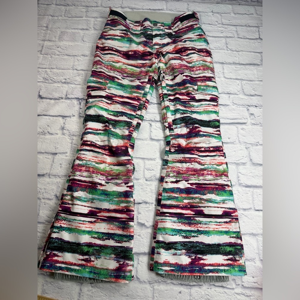 Boulder Gear Snow & Ski Abstract Striped Flare Pants in Green, Purple & White. M